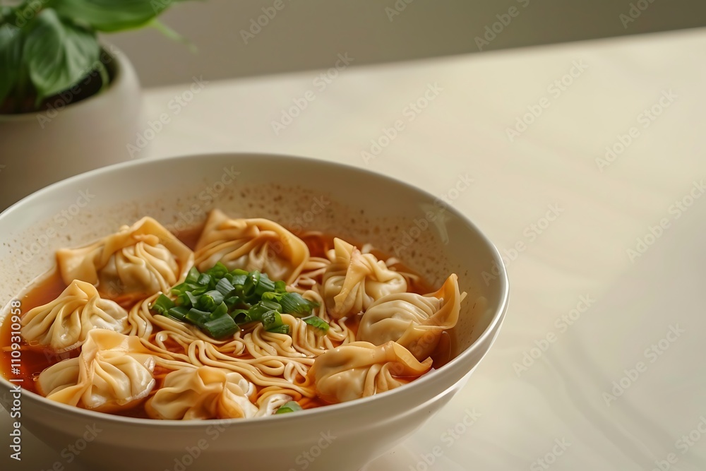 A bowl of wonton noodles with a flavorful broth and tender dumplings, placed on a simple white table with a neutral beige background A bowl of wonton noodles with a flavorful broth and tender dumplings, placed on a simple white table with a neutral beige background