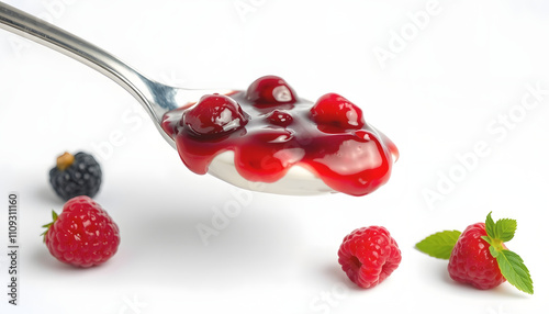 Spoon of yogurt with berry jam isolated on white background with a white accent, png photo