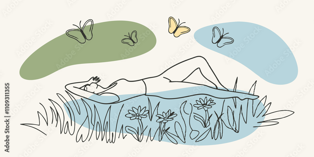 Obraz premium Serene Posture A figure lies relaxed on their back arms stretched out on a bed of vibrant wildflowers. The sun casts a warm glow and delicate butterflies flutter above showcasing
