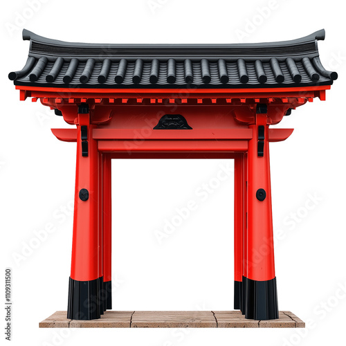 Japanese 3D torii arch gate. Isolated on transparent background. Cutout.