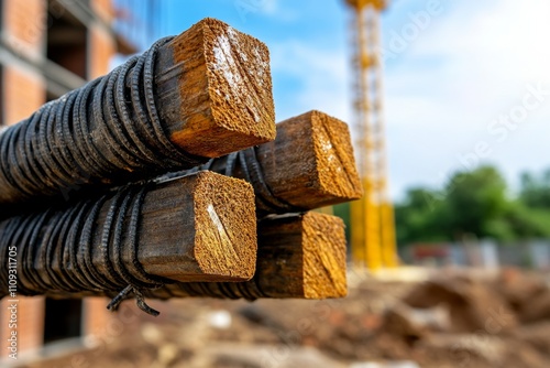 A vibrant shot of construction materials like wood planks, steel bars, and bricks neatly arranged on-site photo