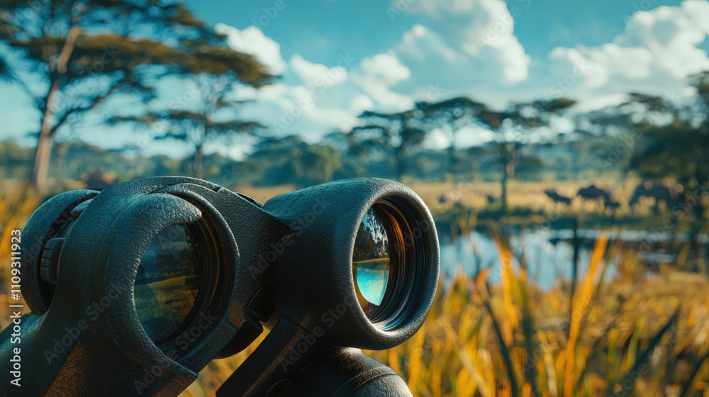 Scenic wildlife watching with binoculars in an expansive savannah landscape Scenic wildlife watching with binoculars in an expansive savannah landscape