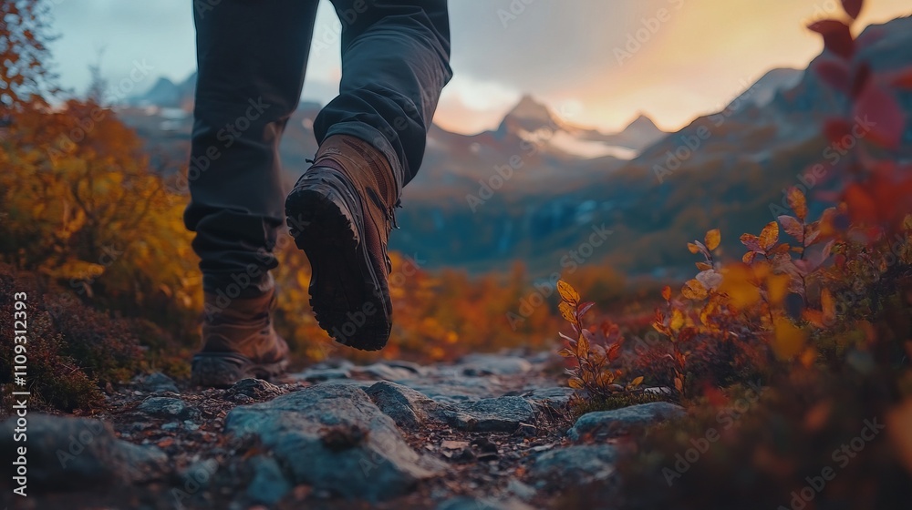 Close-Up of a Man Hiking in the Mountains at Sunrise. AI generated illustration Close-Up of a Man Hiking in the Mountains at Sunrise. AI generated illustration