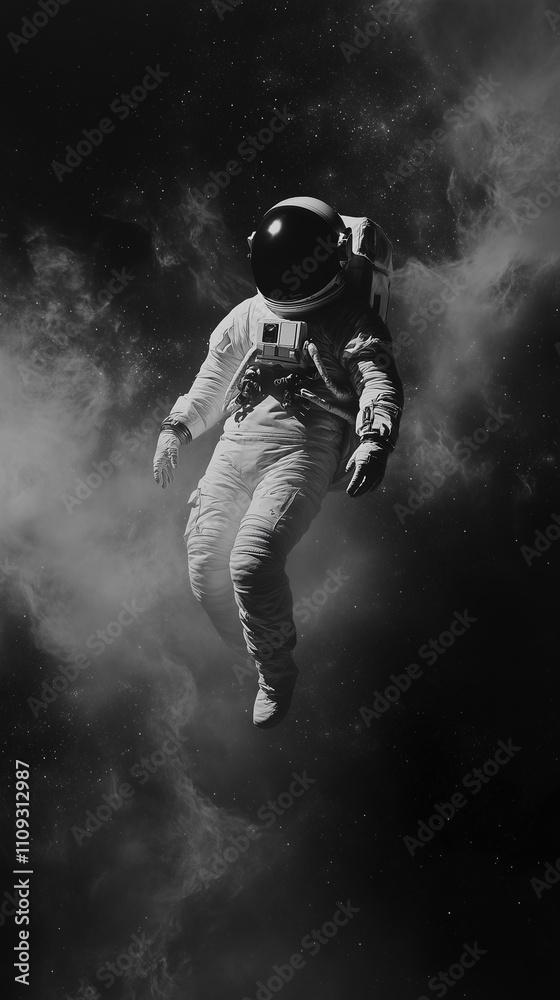 Fototapeta premium Mobile phone wallpaper: astronaut floating in space, smoke, minimalistic black and white photography style