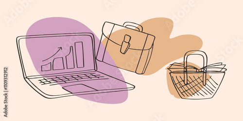 Work and Play Symbols Around the laptop small icons of workrelated tools like a briefcase and charts float whereas around the nature side symbols of leisure like a book and a