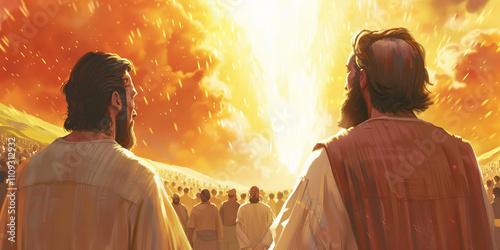 Two Witnesses: The Testimony of God's Witnesses in the End Times - Visualize a scene where two witnesses proclaim God's truth and judgment in the midst of tribulation, ultimately being martyred