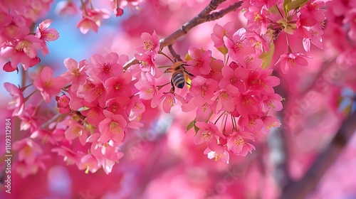 a wide shot of a bee collectin pollin on the cherry tree, adopt a bee, save the bees photo