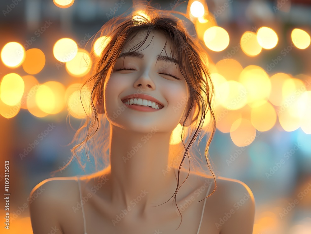 Asian woman smiles happily under bright festival lights at night, with a colorful bokeh background. Perfect for ads about happiness, cheerfulness, or festivals, conveying a warm, hopeful festive vibe. Asian woman smiles happily under bright festival lights at night, with a colorful bokeh background. Perfect for ads about happiness, cheerfulness, or festivals, conveying a warm, hopeful festive vibe.