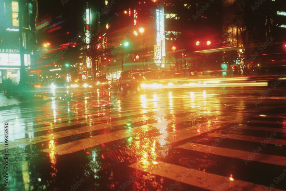 Blurred city lights and traffic reflecting on a rainy crosswalk at night. Blurred city lights and traffic reflecting on a rainy crosswalk at night.