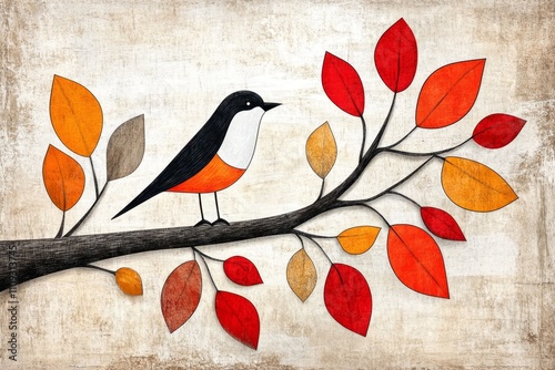 A geometric representation of a bird perched on a branch, using bold angular shapes and earthy tones photo