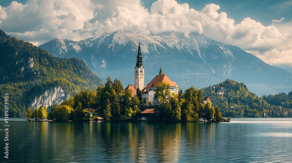 A building on an island in a lake surrounded by mountains and trees A building on an island in a lake surrounded by mountains and trees