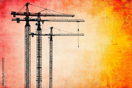 A vintage-style poster of a construction site, with bold typography and muted industrial tones showcasing cranes and workers photo