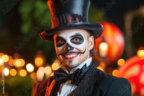 A gothic-themed circus at night, with eerie shadows, flickering lanterns, and a mysterious ringmaster standing under a dim spotlight photo