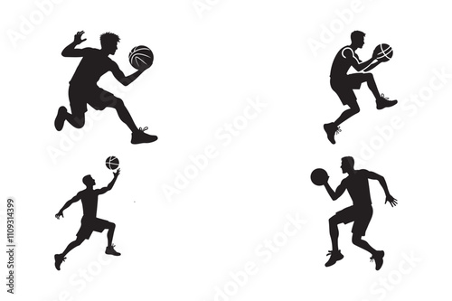 Vector Silhouettes of Basketball Players Jumping and Dribbling