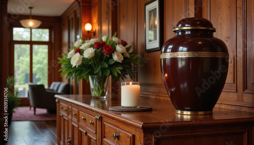 Dark wooden urn with flowers and candle on elegant sideboard photo