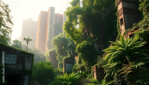 Big city ruins engulfed by nature overtaken by lush green trees and ferns