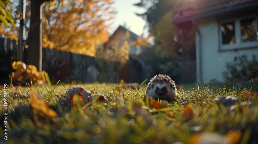 Fototapeta premium Adorable frightened hedgehog on a vibrant autumn lawn in a suburban garden setting
