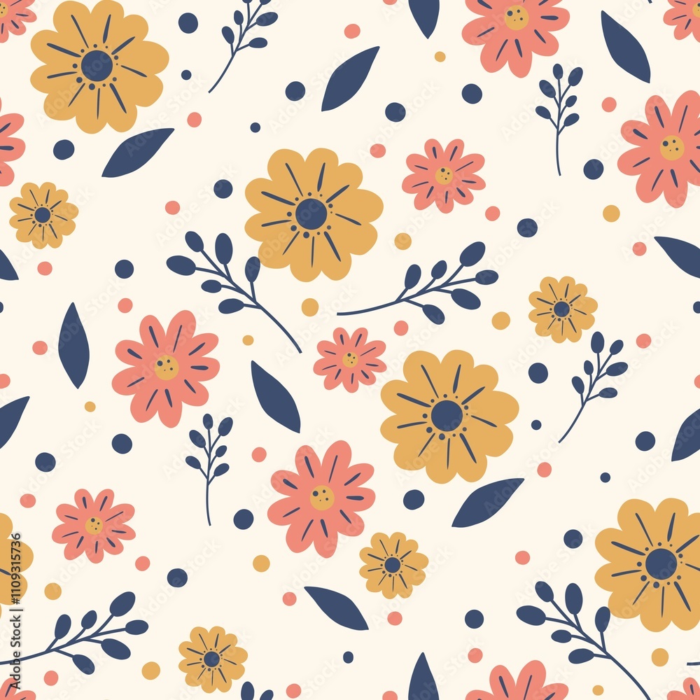 Fototapeta premium Floral Seamless Pattern, Simple Flowers, Leaves, Botanical Repeating Print, Elegant Design, Nature Decorative Background