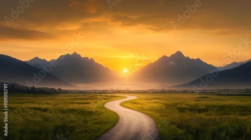 A tranquil road trip along a winding rural path leading to the horizon, highlighted by a location pin symbol, framed by a sunset sky and towering mountain peaks. Ultra-Realistic, Photo Realistic, 