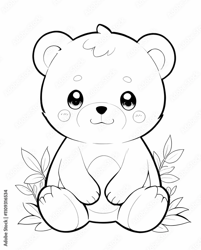 Fototapeta premium Adorable Chibi Bear Line Art for Kids with Playful Eyes, Cute Outlines, and Fun Features
