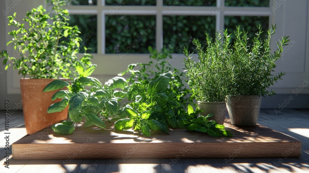 Fototapeta premium Fresh Herbs on Wooden Tray with Natural Light