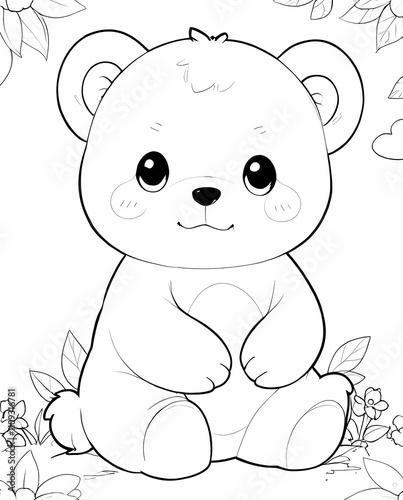 Cute Chibi Bear Line Art Coloring Page for Kids with Big Eyes, Playful Expression, and Simple Lines