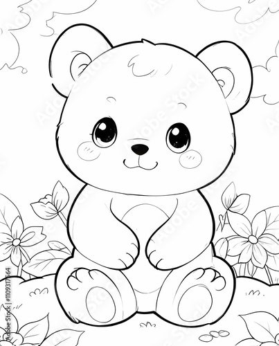 Fun Chibi Bear Line Art Coloring Sheet for Kids with Easy, Clear Lines and Adorable Features