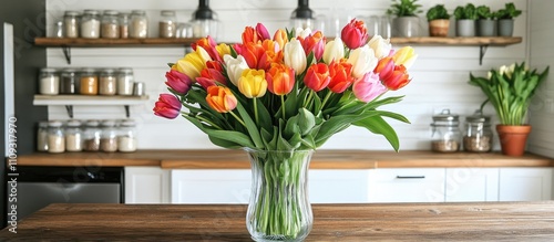 Colorful tulips bouquet in a clear vase on a rustic wooden countertop enhancing the modern white u shaped kitchen aesthetic with open shelves showcasing plants and jars photo