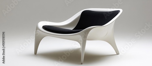 Contemporary white plastic chair featuring a sleek black cushion in a three quarter angle design furniture home decor photo