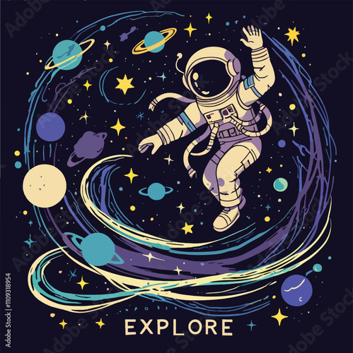 A illustation of a space man floating with moon and stars