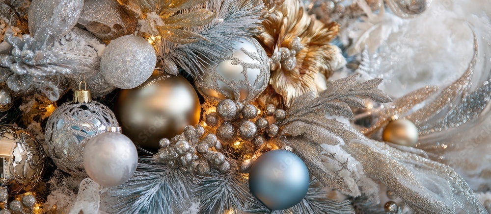 Fototapeta premium Colorful silver and gold ornaments adorning a beautifully decorated Christmas tree creating a festive holiday atmosphere
