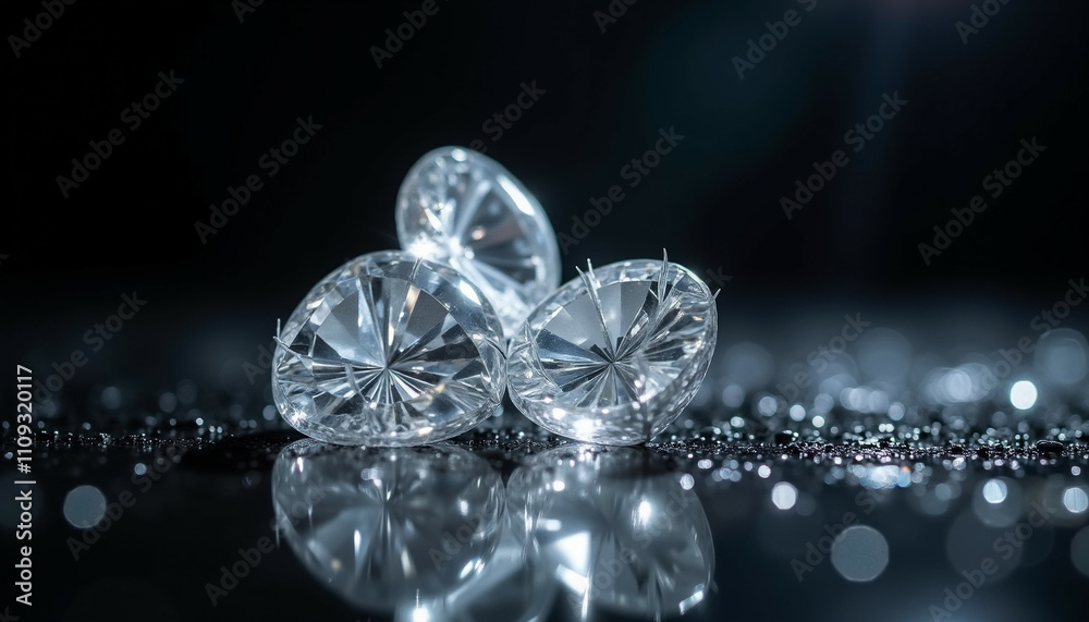 Three sparkling diamonds rest on a dark reflective surface glistening with water droplets. Three sparkling diamonds rest on a dark reflective surface glistening with water droplets.