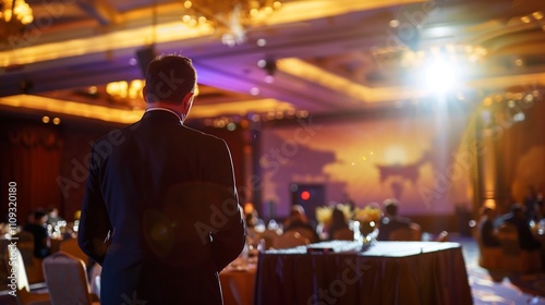 Business leader businessman overseeing a major corporate event with strategic presentations and highlevel networking in a luxurious setting photo