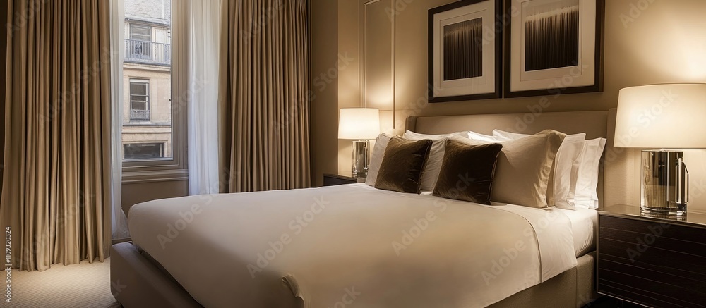 Fototapeta premium Cozy and modern bedroom featuring a large plush bed interior design inspiration for home decor