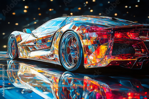 Futuristic and colorful car design illuminated with cosmic patterns photo