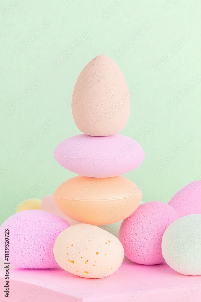 geometric stack of pastel color beauty sponges on a pastel solid color background geometric stack of pastel color beauty sponges on a pastel solid color background