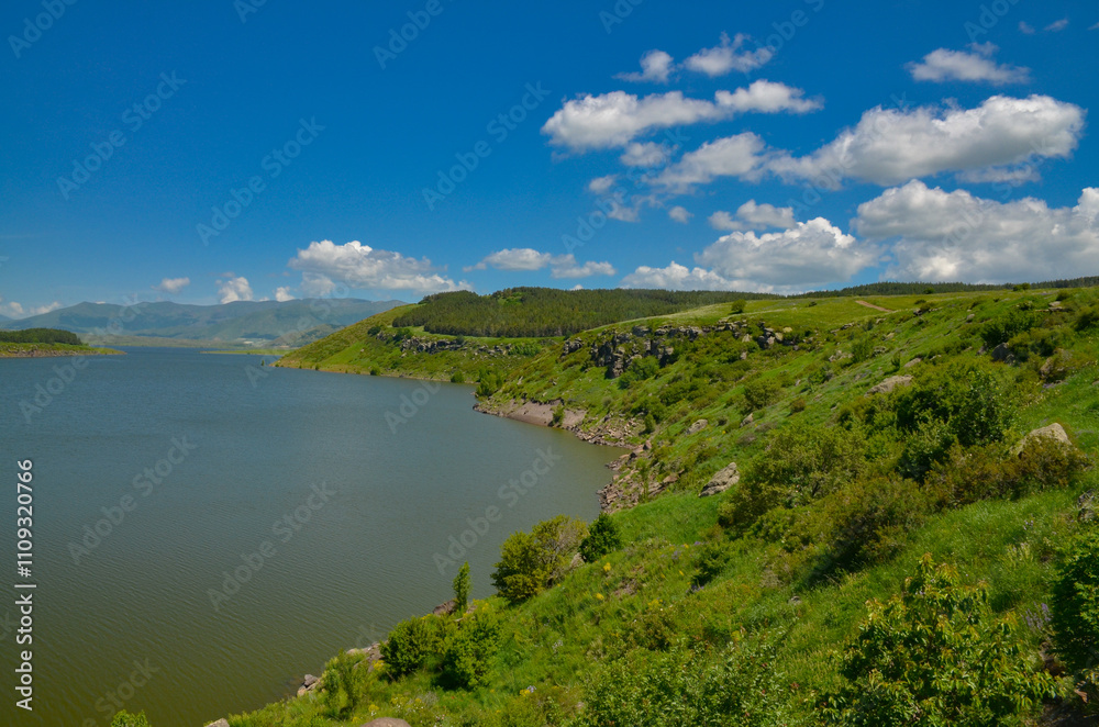 Aparan reservoir and Tsaghkunyats mountain range scenic view from Jrambar, Armenia Aparan reservoir and Tsaghkunyats mountain range scenic view from Jrambar, Armenia