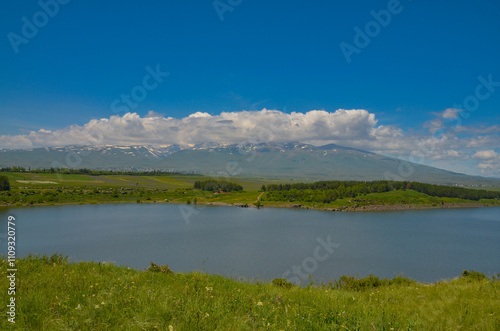 Aparan reservoir and Aragats mountain scenic view from  Aghavno Lerr (Jrambar, Armenia) photo