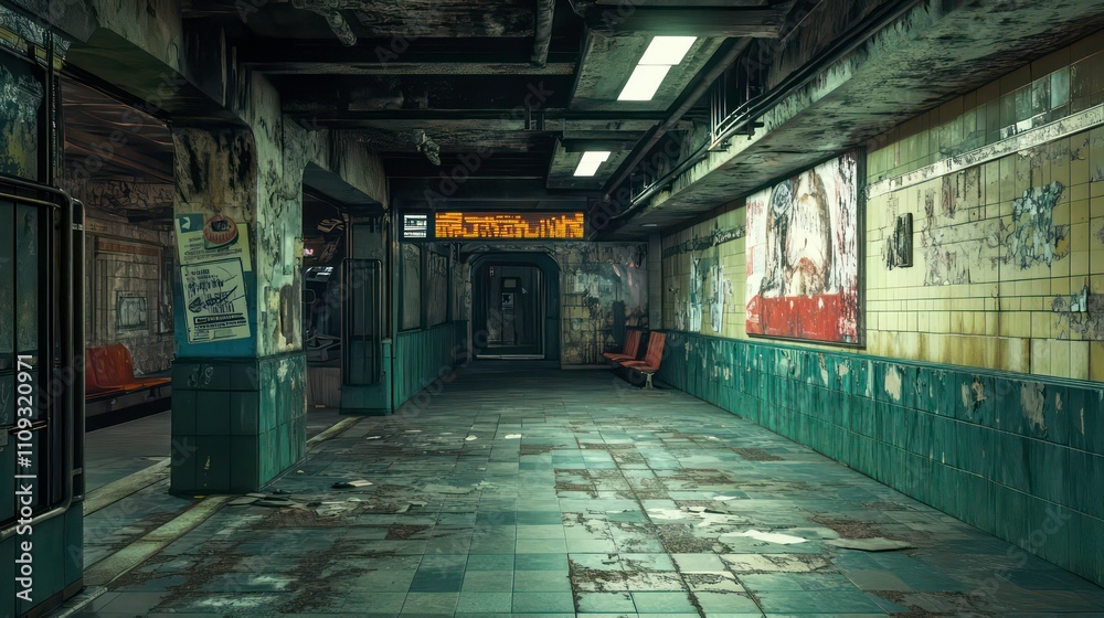 Desolate subway station platform with peeling paint, worn tiles, and faded posters. Desolate subway station platform with peeling paint, worn tiles, and faded posters.