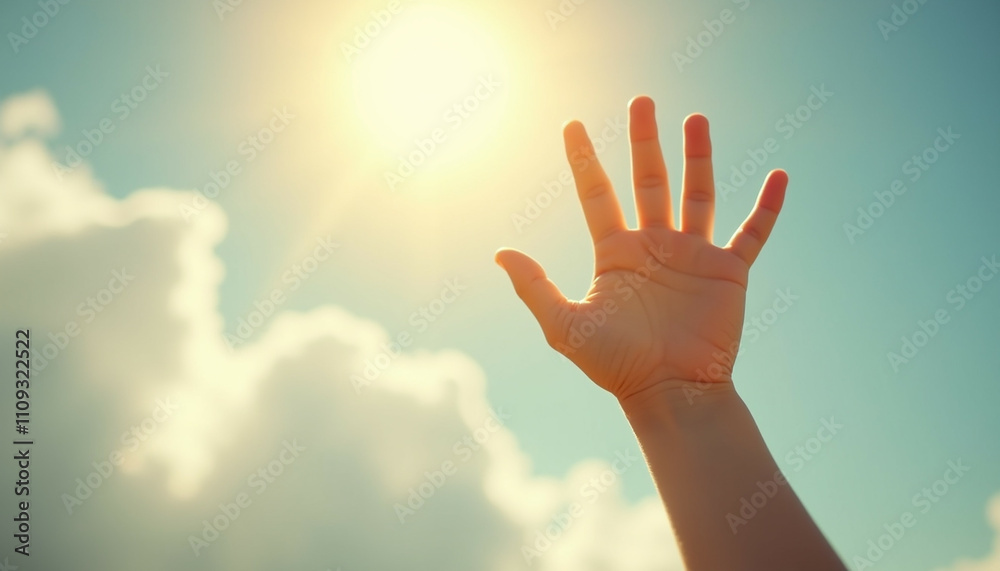 A hand reaches towards the bright sun in a partly cloudy sky. A hand reaches towards the bright sun in a partly cloudy sky.