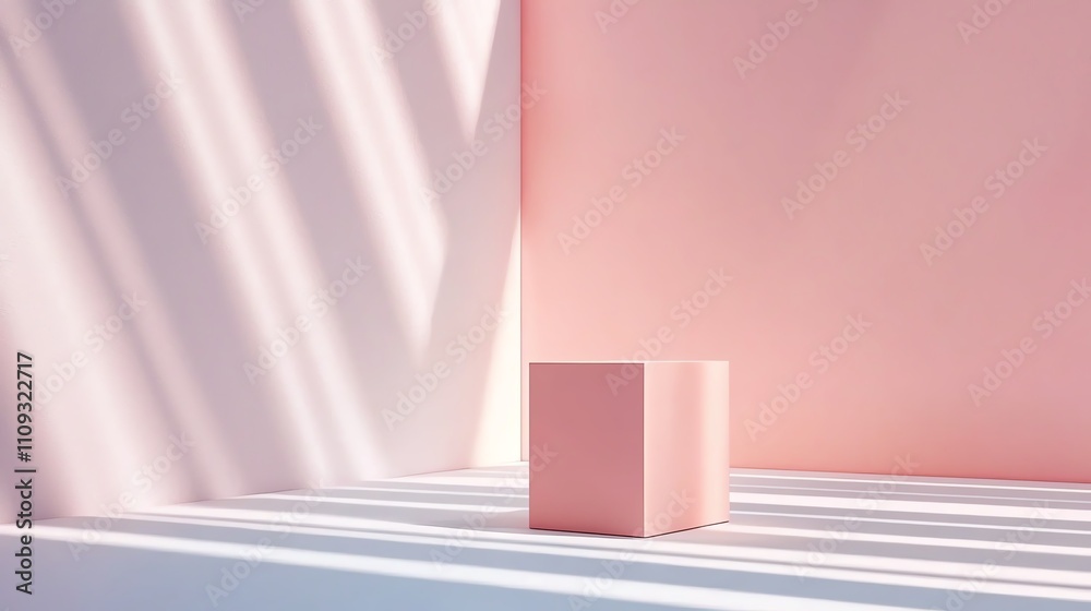Fototapeta premium A minimalistic composition featuring a pink cube against soft, pastel walls