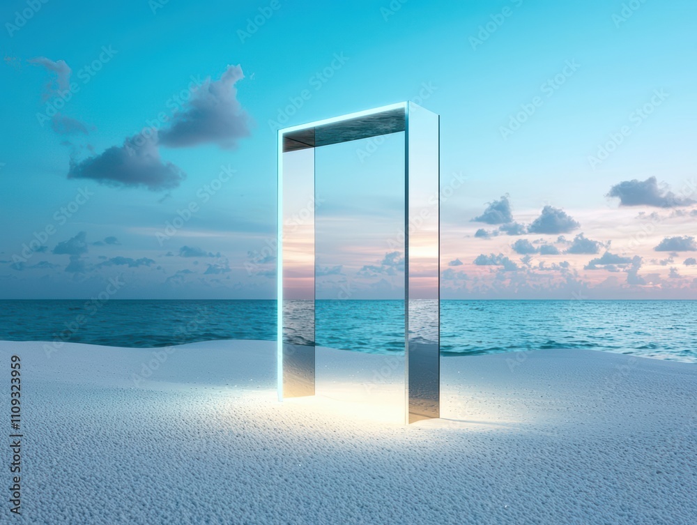 Futuristic glass door standing on a beach with ocean backdrop.