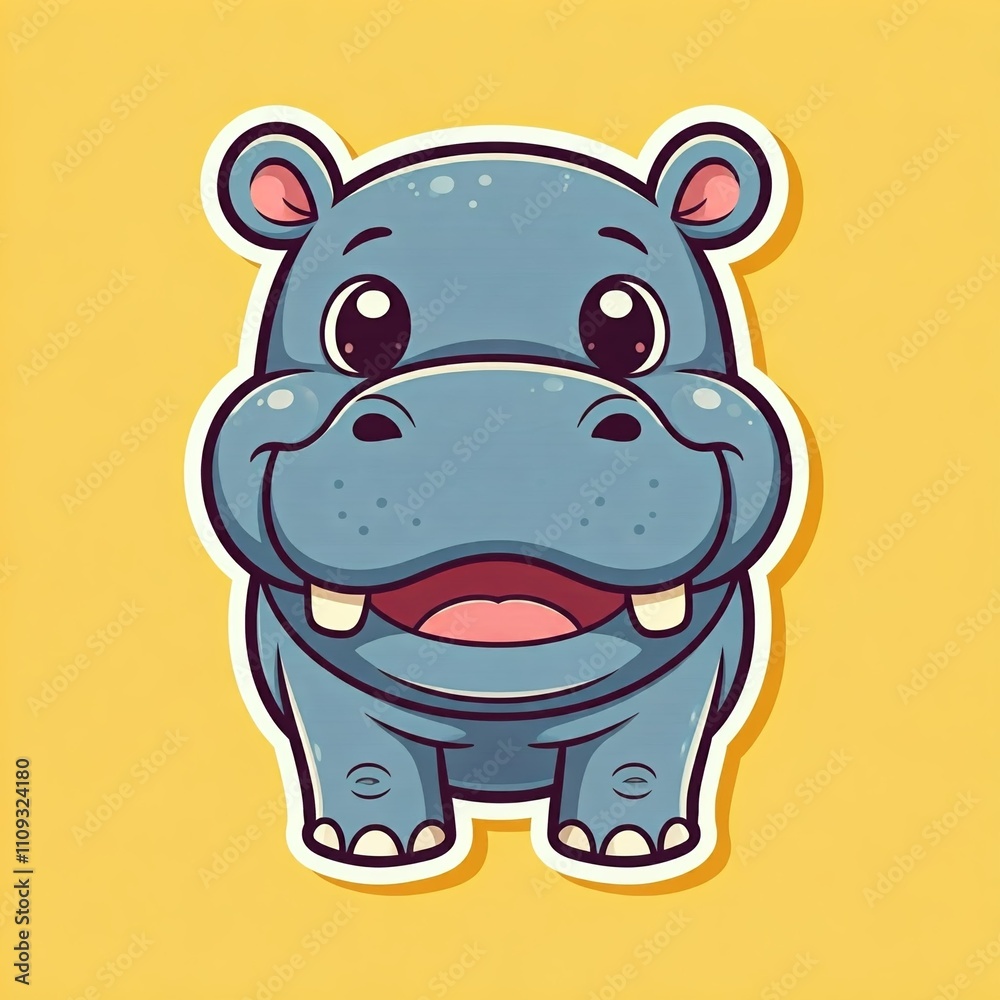 Fototapeta premium chibi hippo character with a wide smile and big round eyes, looking adorable in a bright sticker style. 
