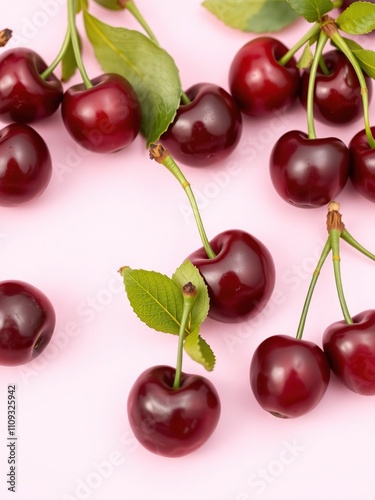 Fresh juicy cherries on a soft pink background, perfect for summer-themed designs and healthy food concepts, sweet, delicious