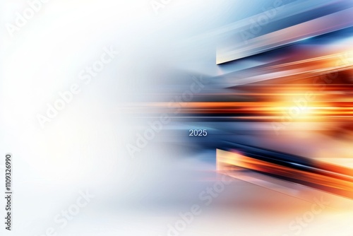 Futuristic abstract digital artwork featuring 2025 with orange and blue light streaks photo