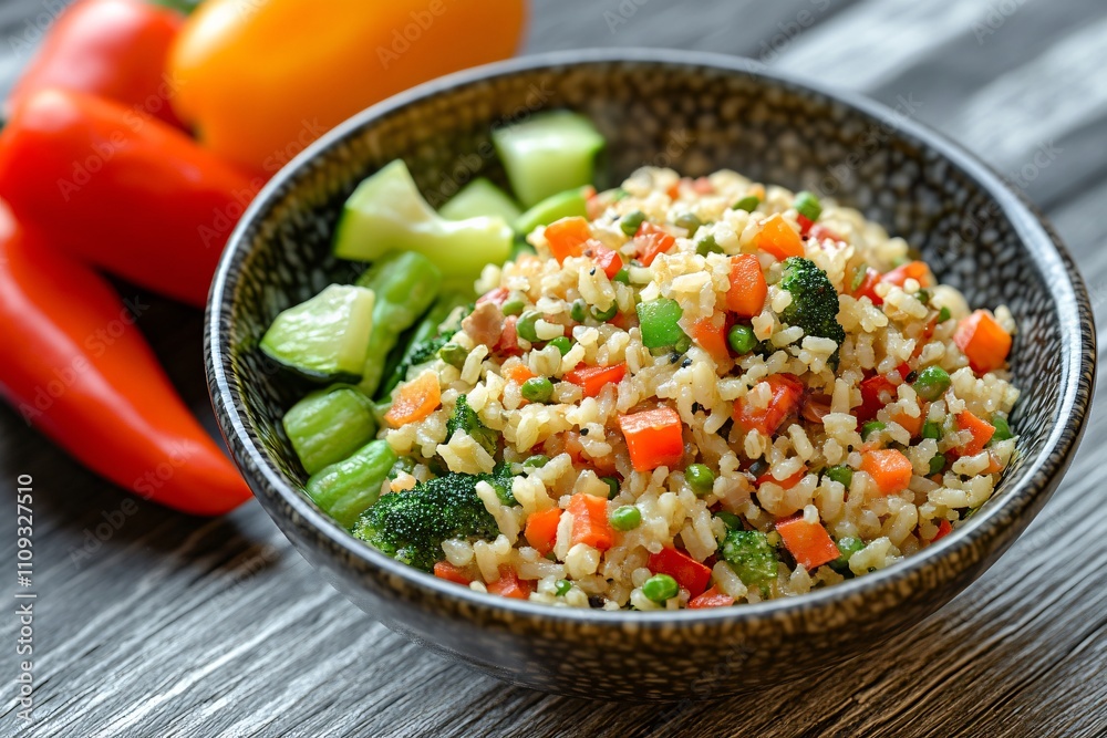 A bowl of colorful vegetable rice with peppers on a wooden surface. A bowl of colorful vegetable rice with peppers on a wooden surface.