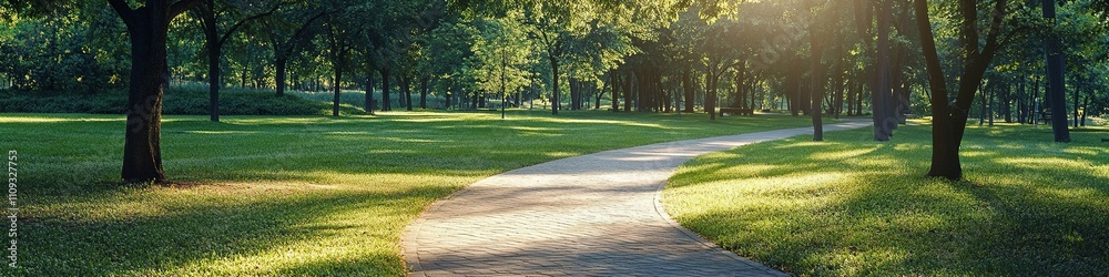 Obraz premium Sunlight filters through trees on serene park path