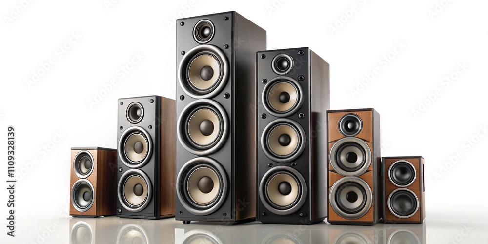 Audio music speaker, stack of different sized speakers isolated on white background, audio, music, speaker, stack Audio music speaker, stack of different sized speakers isolated on white background, audio, music, speaker, stack