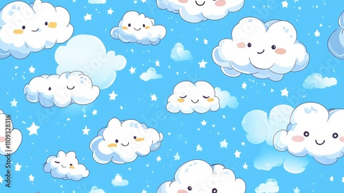 Cute kawaii clouds in a seamless pattern floating joyfully across a bright sky