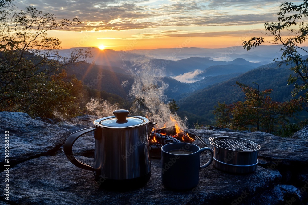 Coffee pot and mug on mountain top with sunrise and outdoor camping gear. AI generated illustration Coffee pot and mug on mountain top with sunrise and outdoor camping gear. AI generated illustration